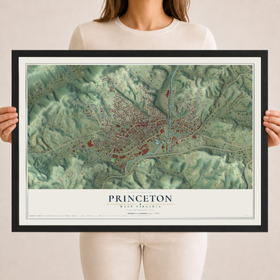Map of Princeton, West Virginia, 18 x 24 inch print in a black wood frame