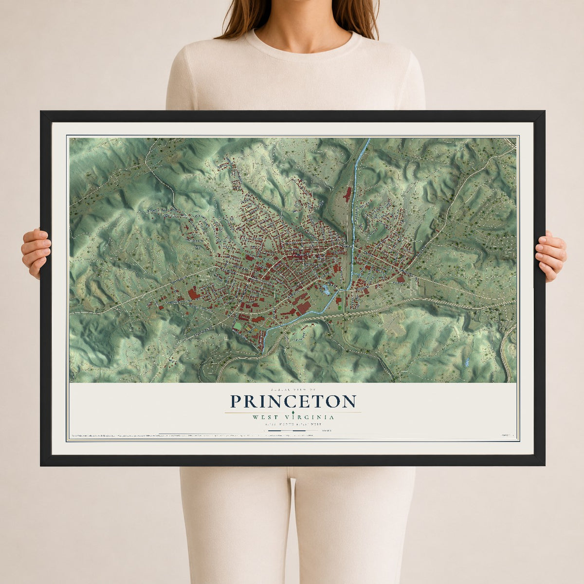 Map of Princeton, West Virginia, 24 x 36 inch print in a black wood frame
