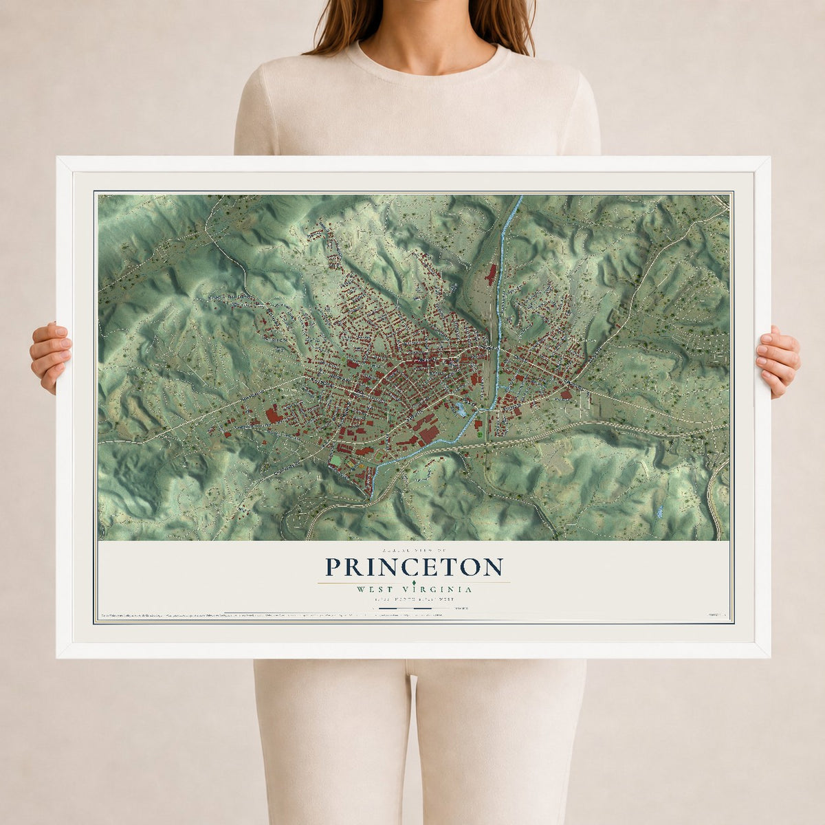 Map of Princeton, West Virginia, 24 x 36 inch print in a white wood frame