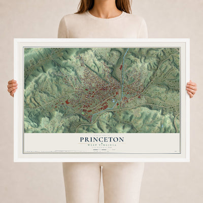 Map of Princeton, West Virginia, 24 x 36 inch print in a white wood frame