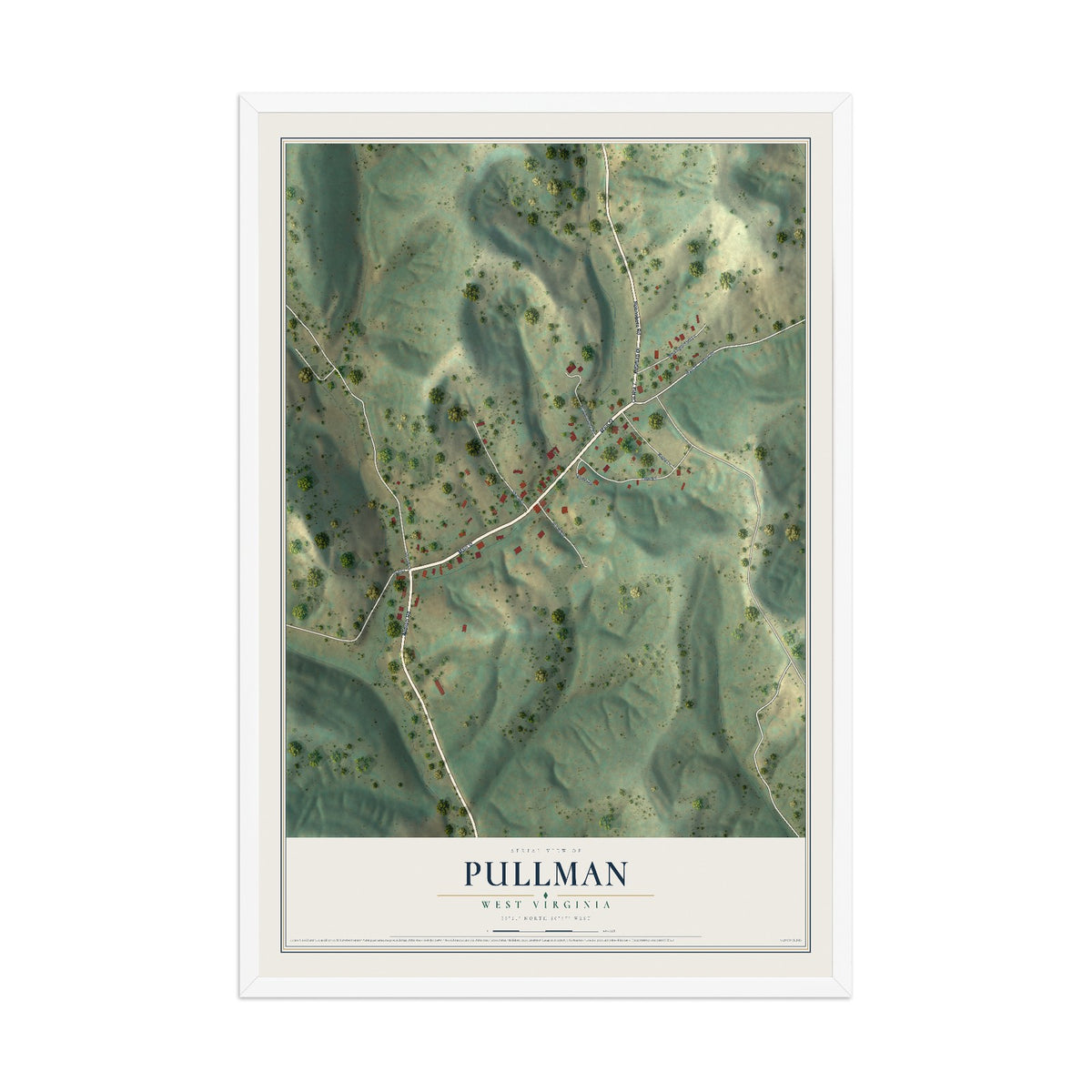 Map of Pullman, West Virginia, 12 x 18 inch print in a white wood frame