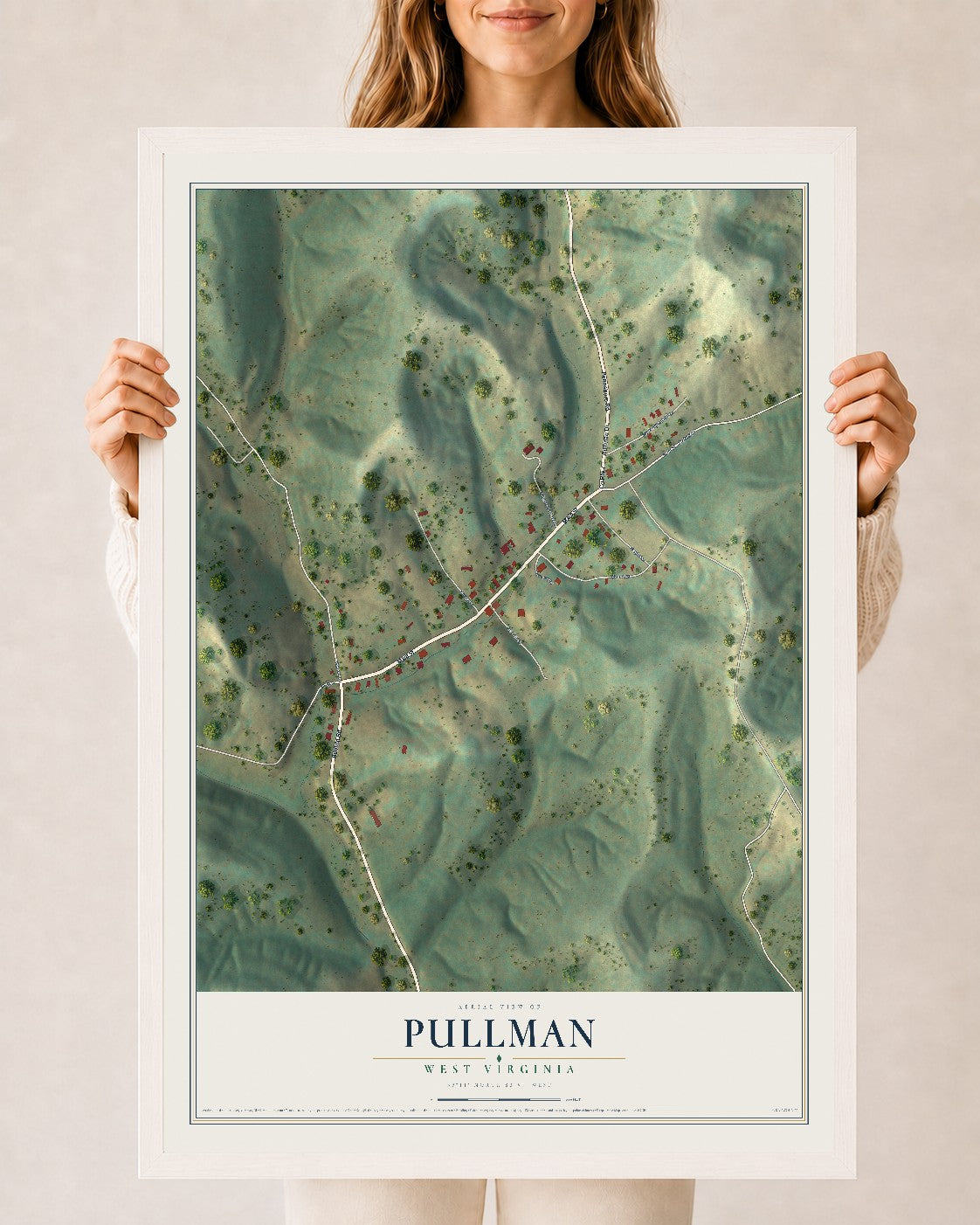 Map of Pullman, West Virginia, 24 x 36 inch print in a white wood frame