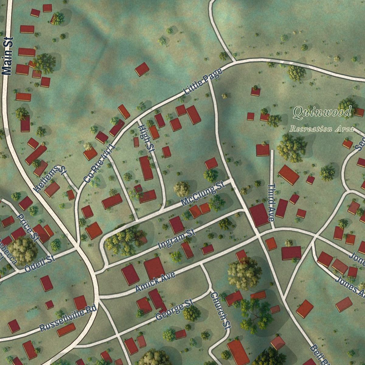 Close-up of the map of Quinwood, West Virginia print showing street and building detail