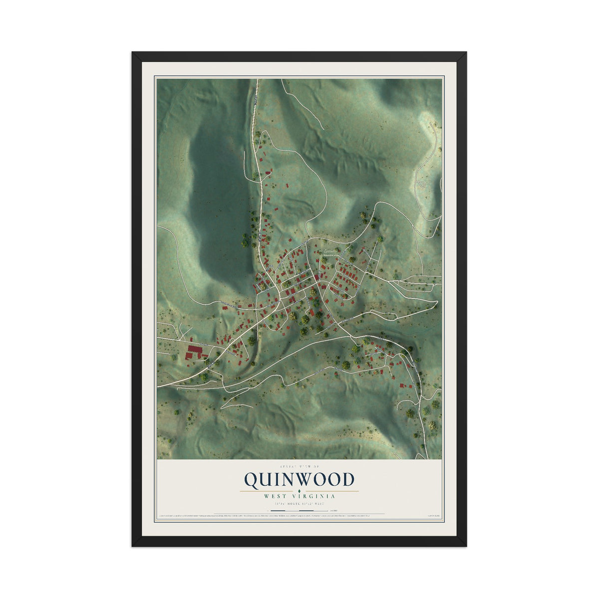 Map of Quinwood, West Virginia, 12 x 18 inch print in a black wood frame