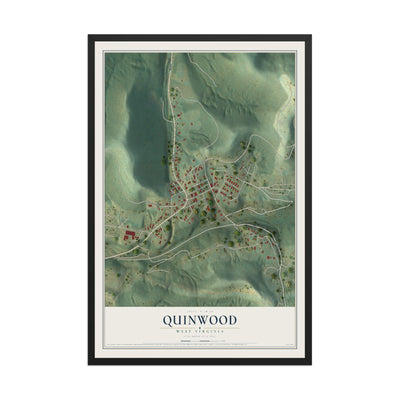 Map of Quinwood, West Virginia, 12 x 18 inch print in a black wood frame