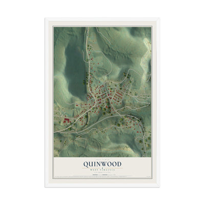 Map of Quinwood, West Virginia, 12 x 18 inch print in a white wood frame