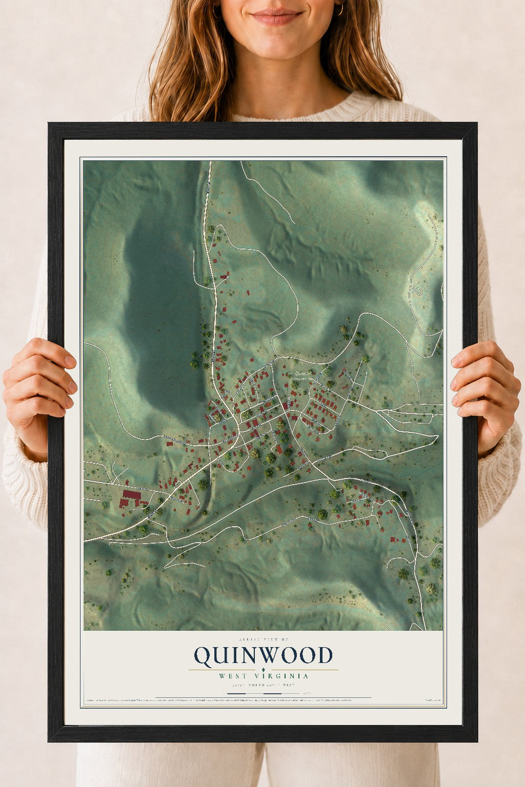 Map of Quinwood, West Virginia, 18 x 24 inch print in a black wood frame