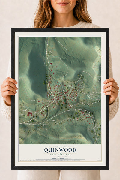 Map of Quinwood, West Virginia, 18 x 24 inch print in a black wood frame
