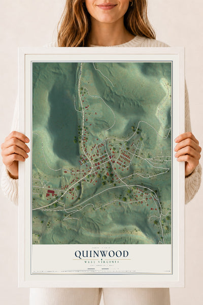 Map of Quinwood, West Virginia, 18 x 24 inch print in a white wood frame
