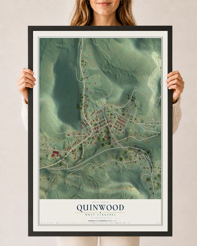 Map of Quinwood, West Virginia, 24 x 36 inch print in a black wood frame