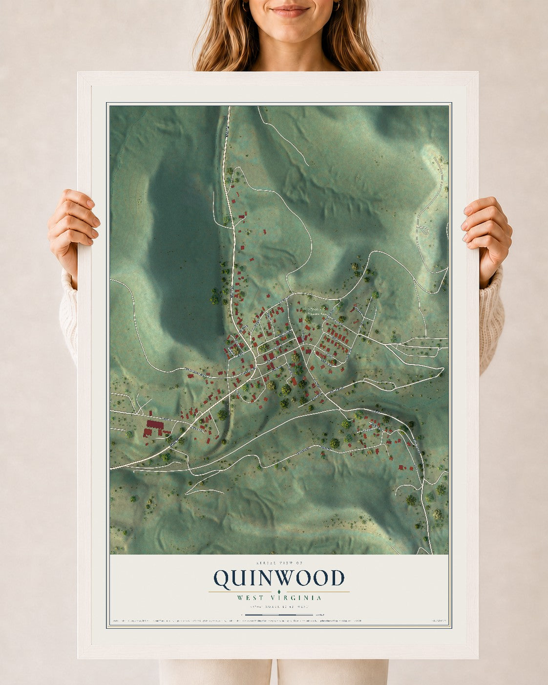 Map of Quinwood, West Virginia, 24 x 36 inch print in a white wood frame