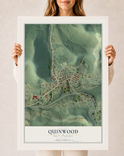 Map of Quinwood, West Virginia, 24 x 36 inch print in a white wood frame