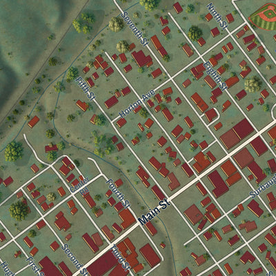 Close-up of the map of Rainelle, West Virginia print showing street and building detail