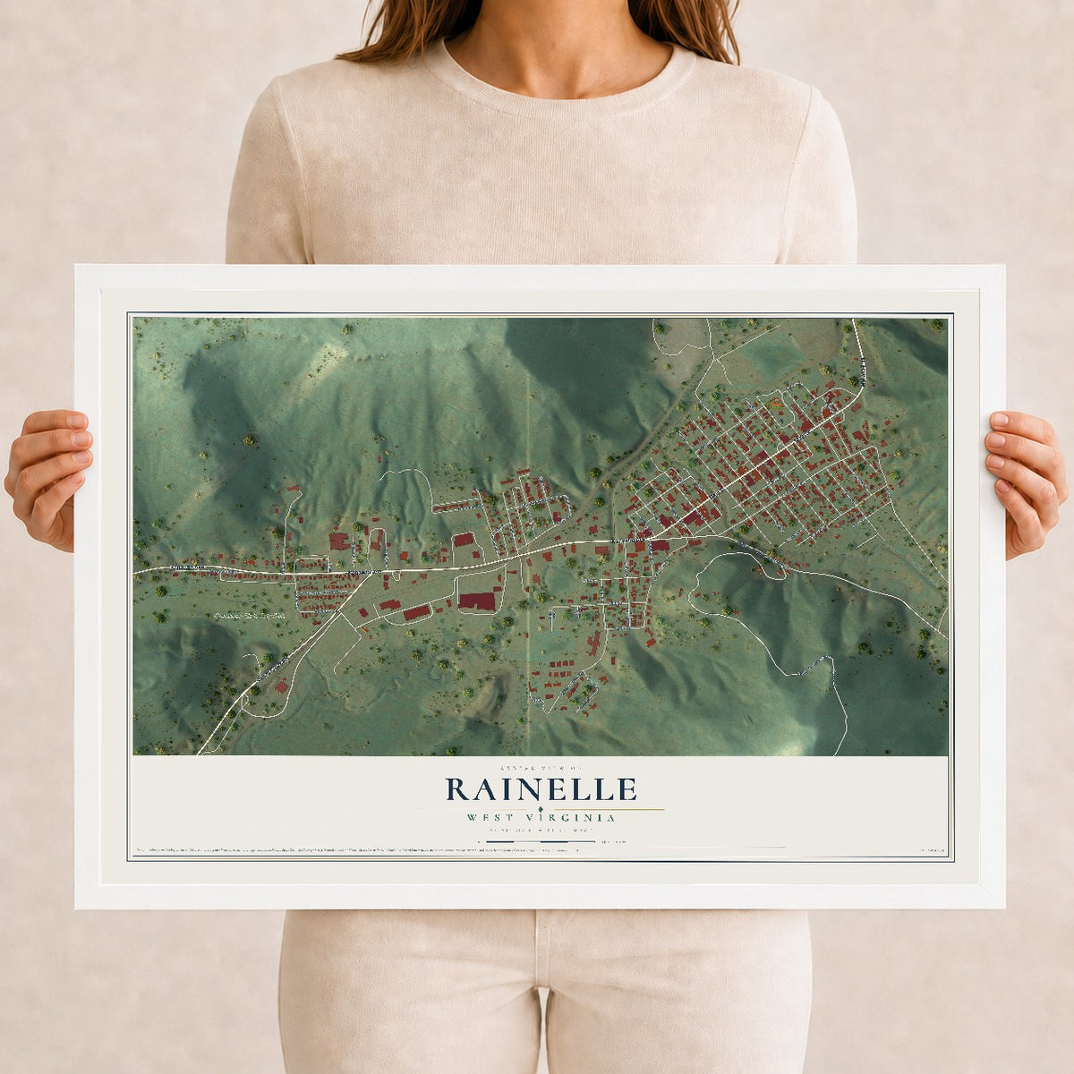 Map of Rainelle, West Virginia, 12 x 18 inch print in a white wood frame