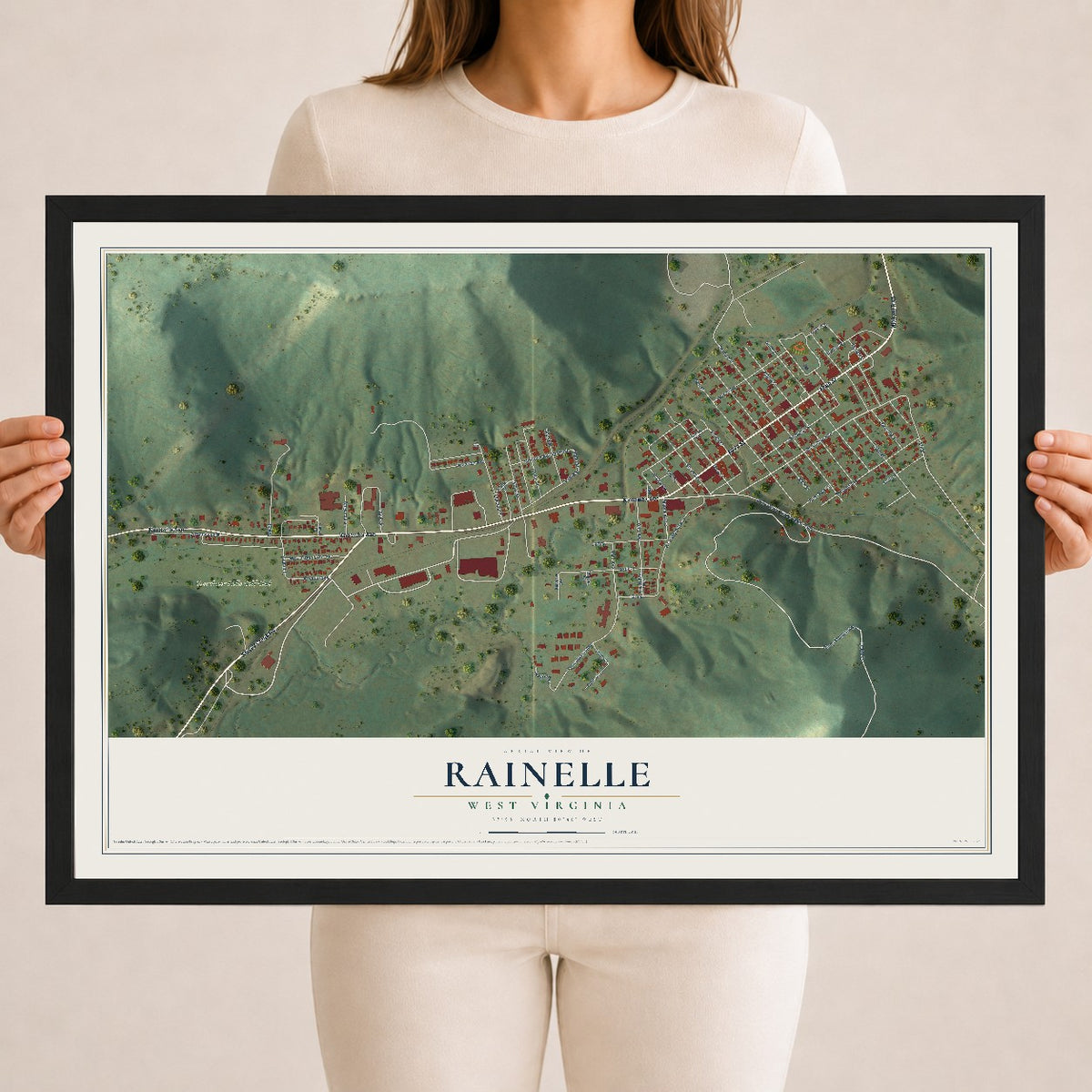 Map of Rainelle, West Virginia, 18 x 24 inch print in a black wood frame