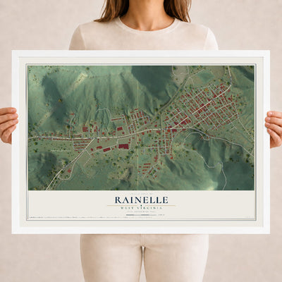Map of Rainelle, West Virginia, 18 x 24 inch print in a white wood frame