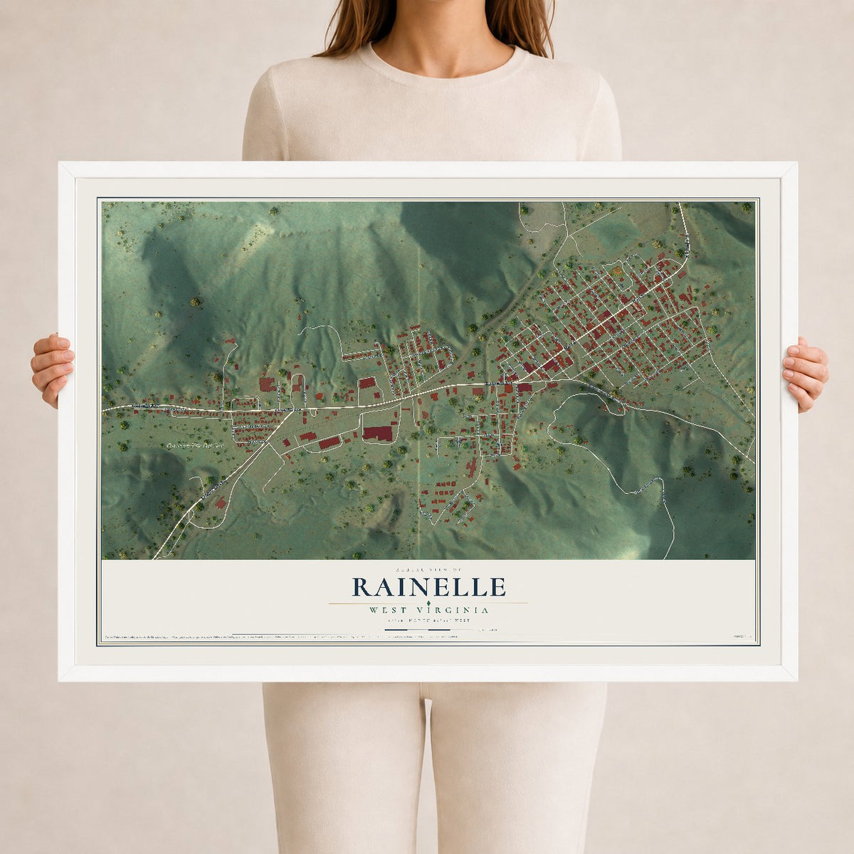 Map of Rainelle, West Virginia, 24 x 36 inch print in a white wood frame
