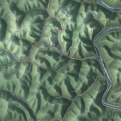 Close-up of the map of Ranger, West Virginia print showing street and building detail