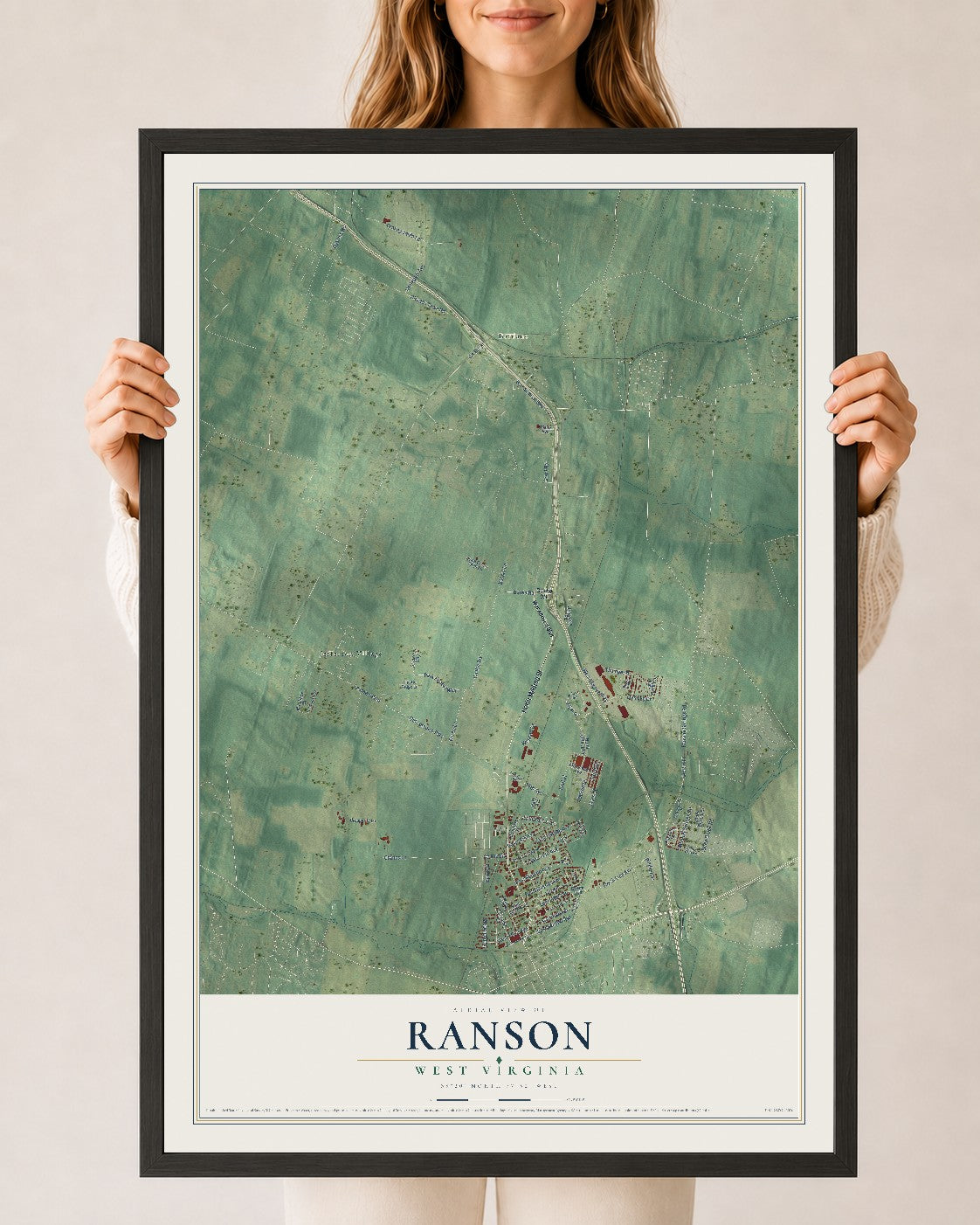 Map of Ranson, West Virginia, 24 x 36 inch print in a black wood frame