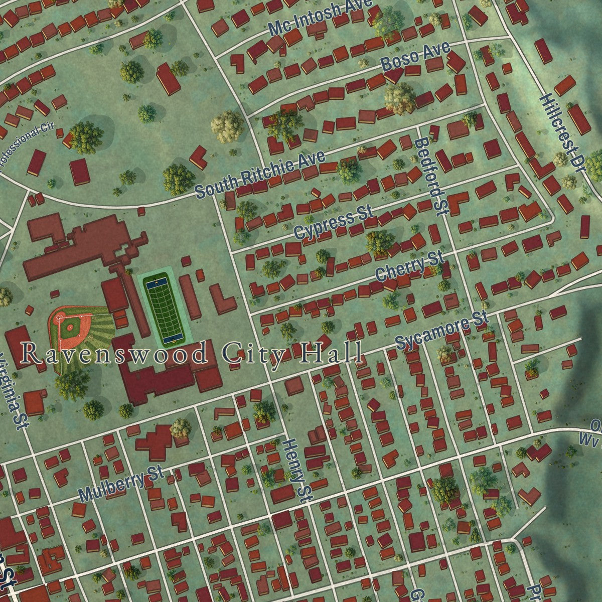 Close-up of the map of Ravenswood, West Virginia print showing street and building detail