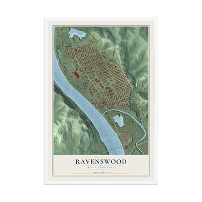 Map of Ravenswood, West Virginia, 12 x 18 inch print in a white wood frame