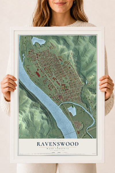 Map of Ravenswood, West Virginia, 18 x 24 inch print in a white wood frame