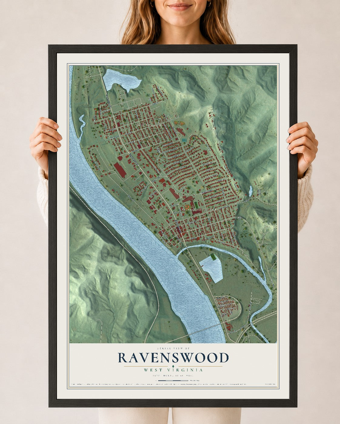 Map of Ravenswood, West Virginia, 24 x 36 inch print in a black wood frame