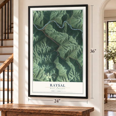 Raysal, West Virginia map, 24 x 36 inch print in a black frame by a staircase