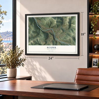 Reader, West Virginia map, 18 x 24 inch print in a black frame in a home office