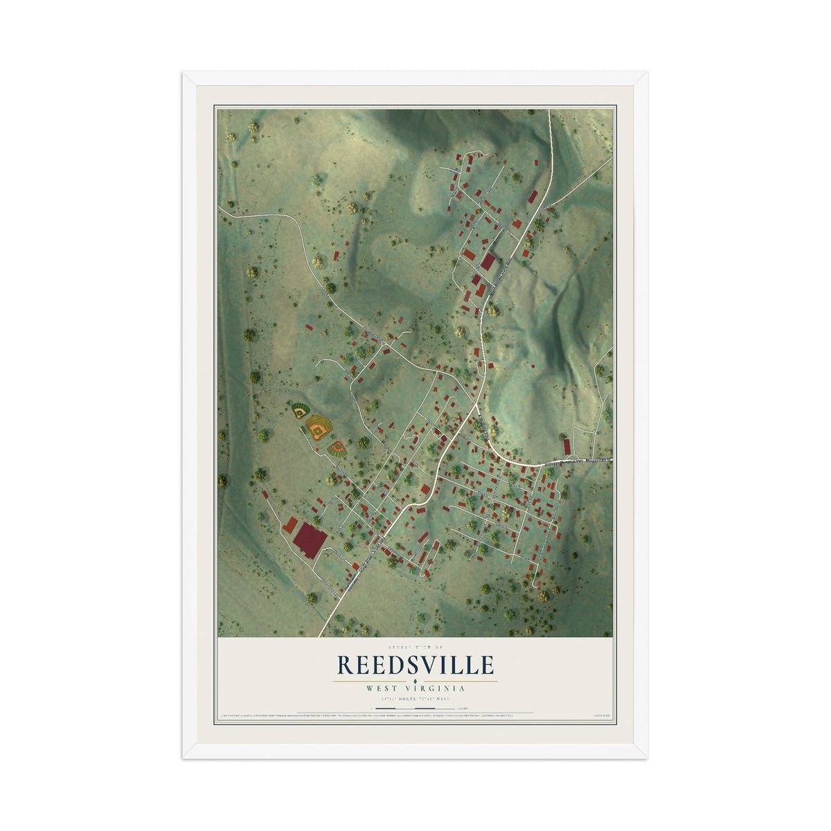 Map of Reedsville, West Virginia, 12 x 18 inch print in a white wood frame