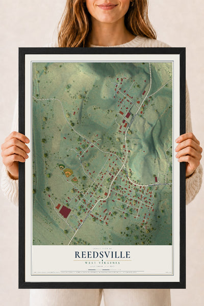 Map of Reedsville, West Virginia, 18 x 24 inch print in a black wood frame