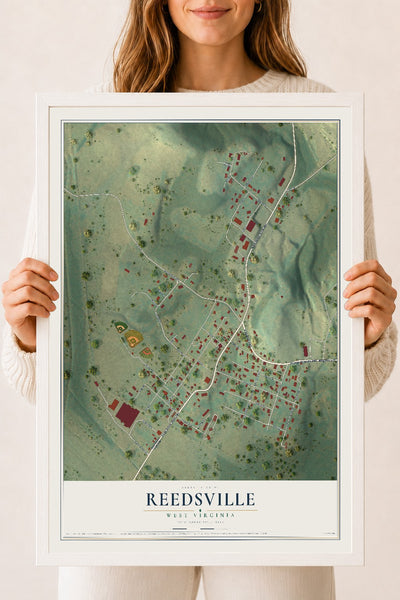 Map of Reedsville, West Virginia, 18 x 24 inch print in a white wood frame