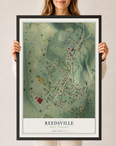 Map of Reedsville, West Virginia, 24 x 36 inch print in a black wood frame