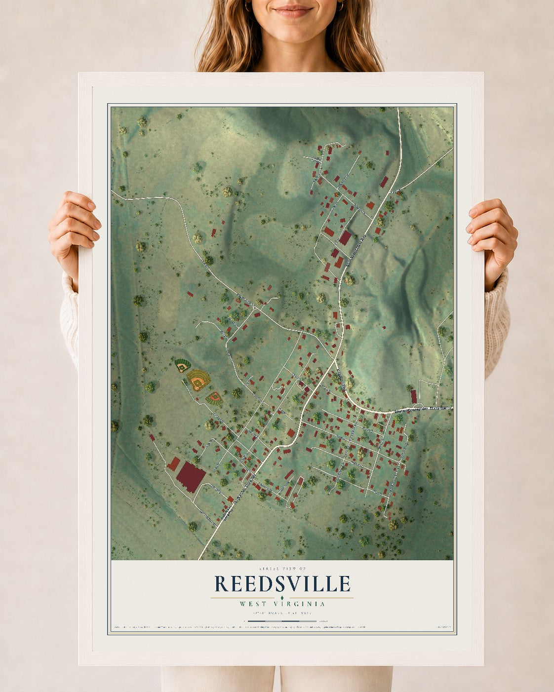 Map of Reedsville, West Virginia, 24 x 36 inch print in a white wood frame