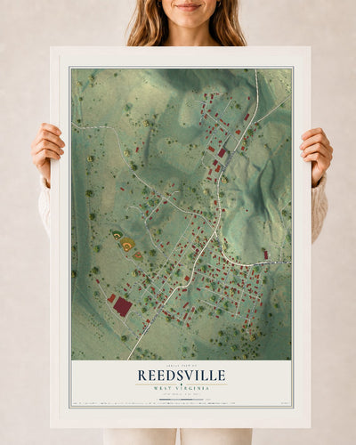 Map of Reedsville, West Virginia, 24 x 36 inch print in a white wood frame