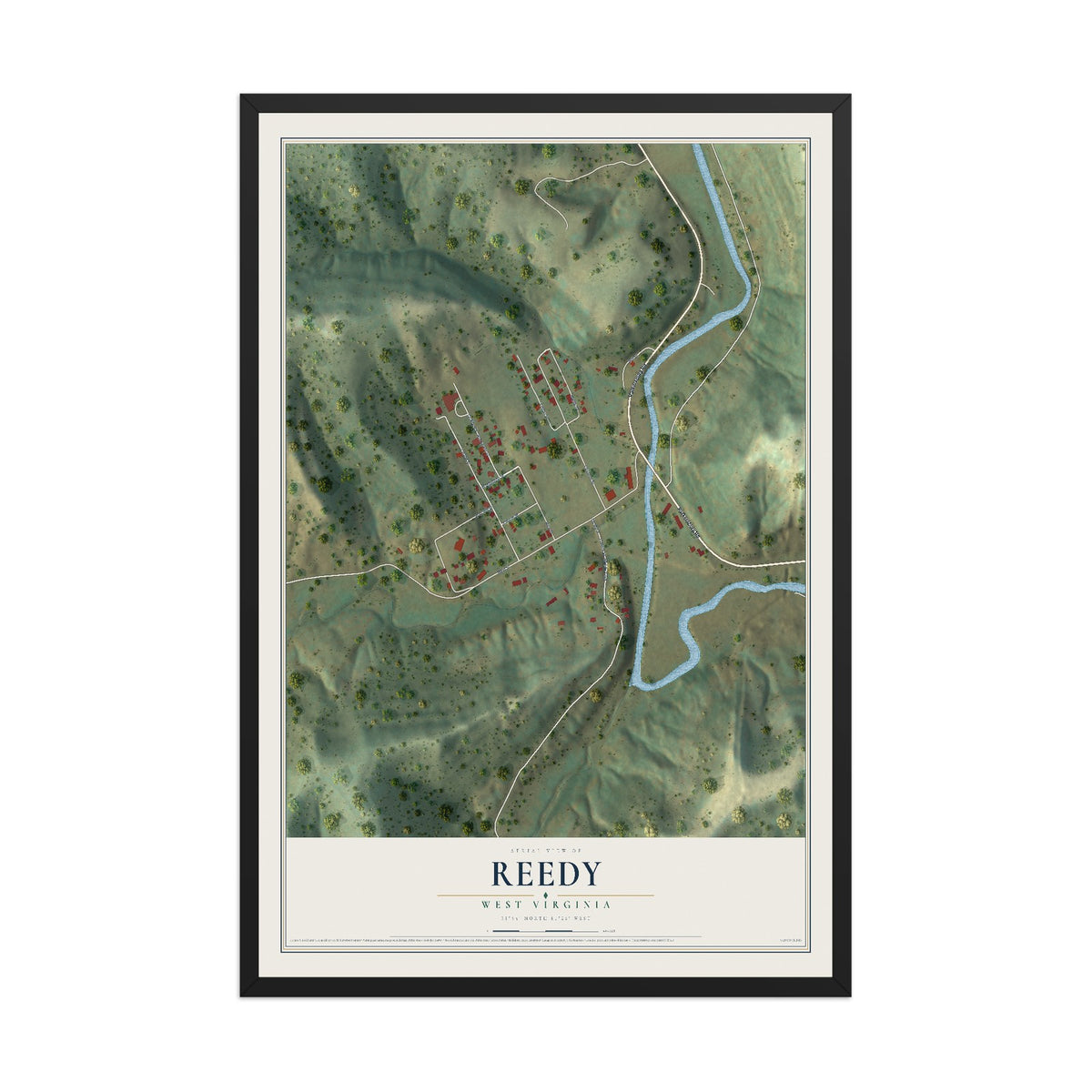 Map of Reedy, West Virginia, 12 x 18 inch print in a black wood frame