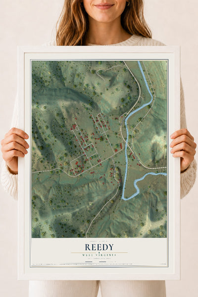 Map of Reedy, West Virginia, 18 x 24 inch print in a white wood frame