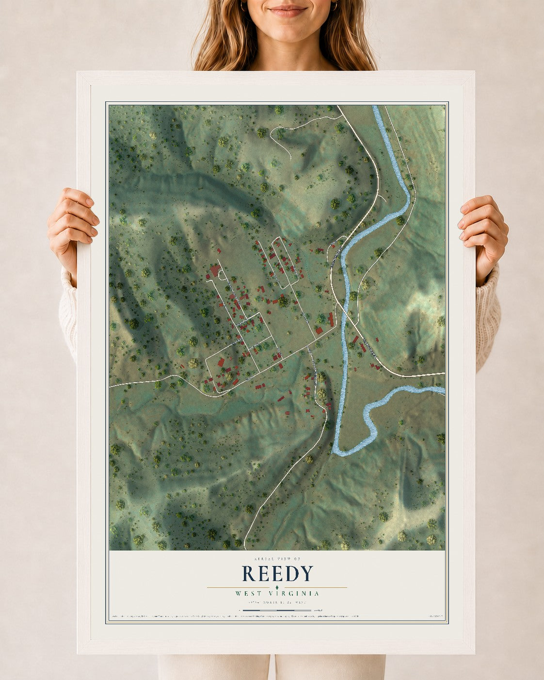 Map of Reedy, West Virginia, 24 x 36 inch print in a white wood frame