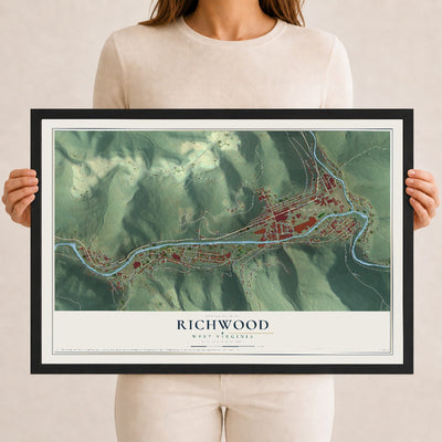 Map of Richwood, West Virginia, 12 x 18 inch print in a black wood frame
