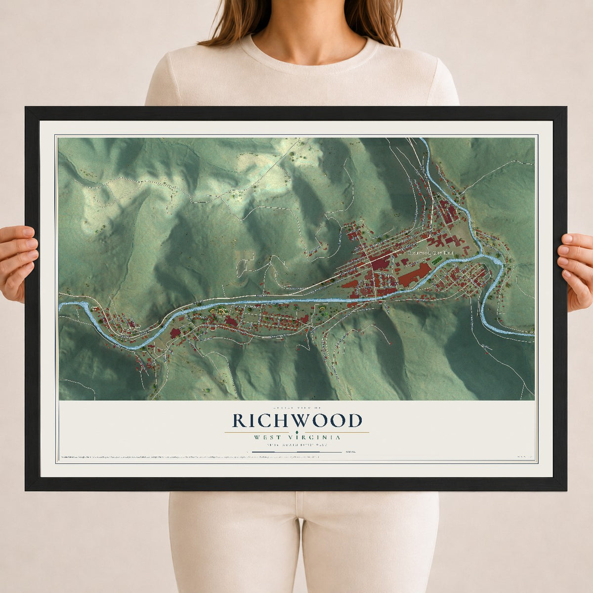 Map of Richwood, West Virginia, 18 x 24 inch print in a black wood frame