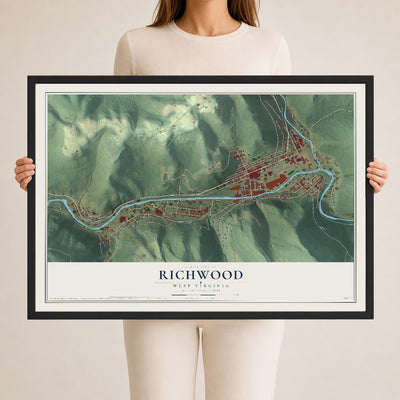 Map of Richwood, West Virginia, 24 x 36 inch print in a black wood frame