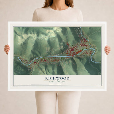 Map of Richwood, West Virginia, 24 x 36 inch print in a white wood frame