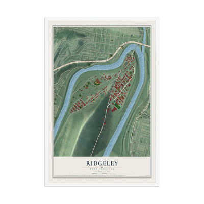 Map of Ridgeley, West Virginia, 12 x 18 inch print in a white wood frame