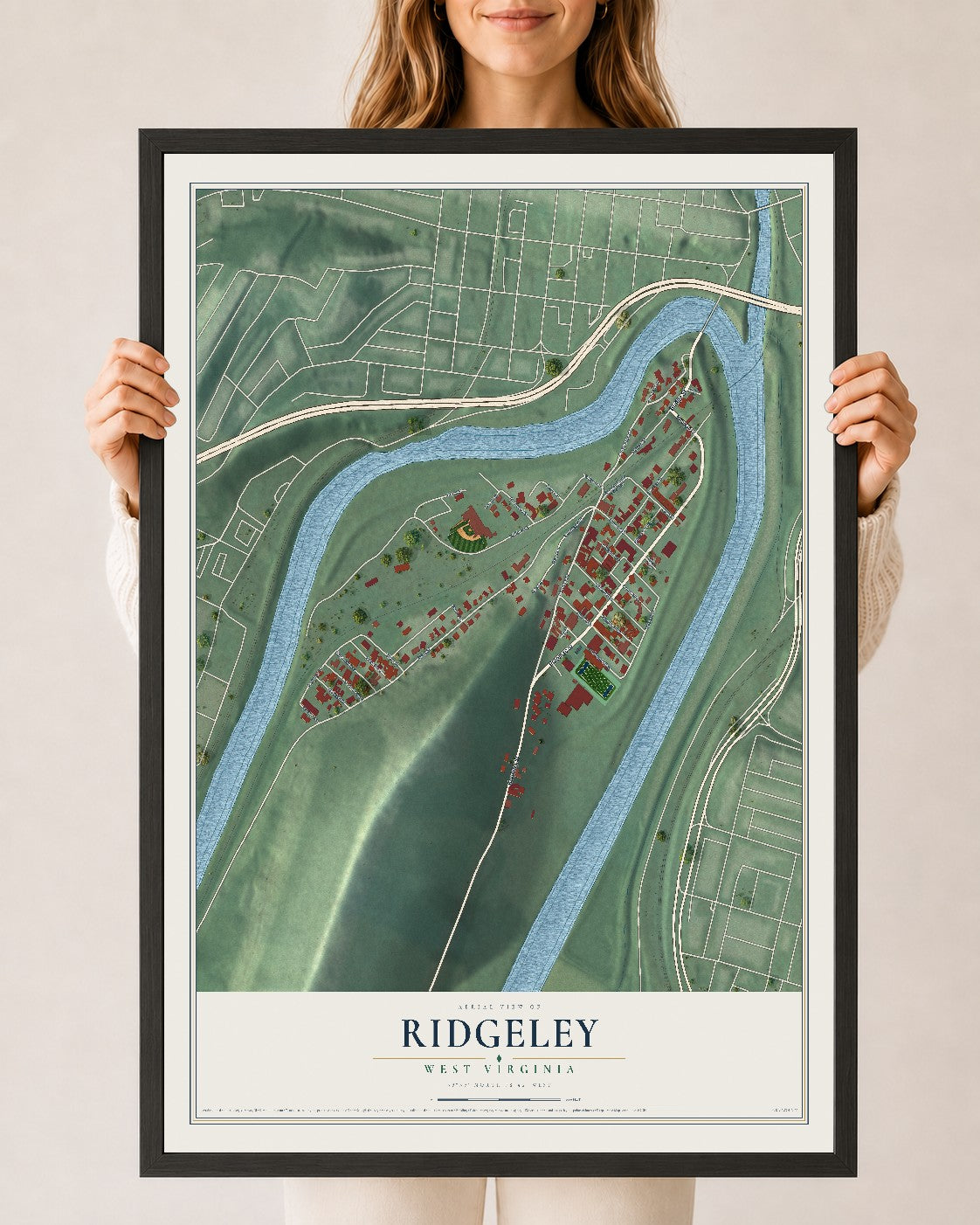Map of Ridgeley, West Virginia, 24 x 36 inch print in a black wood frame