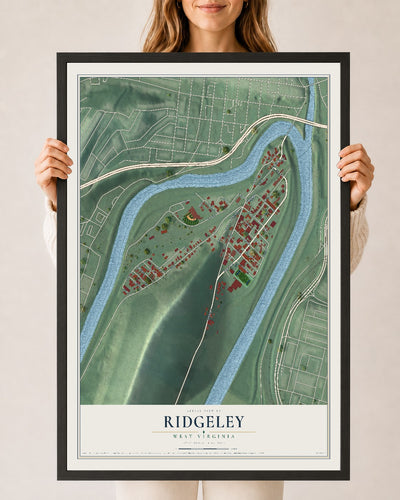 Map of Ridgeley, West Virginia, 24 x 36 inch print in a black wood frame