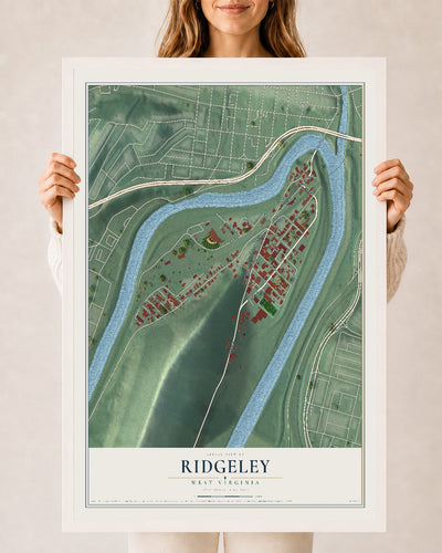 Map of Ridgeley, West Virginia, 24 x 36 inch print in a white wood frame