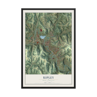 Map of Ripley, West Virginia, 12 x 18 inch print in a black wood frame