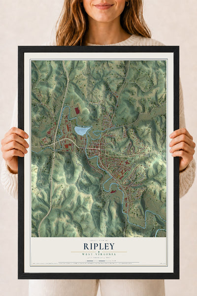 Map of Ripley, West Virginia, 18 x 24 inch print in a black wood frame