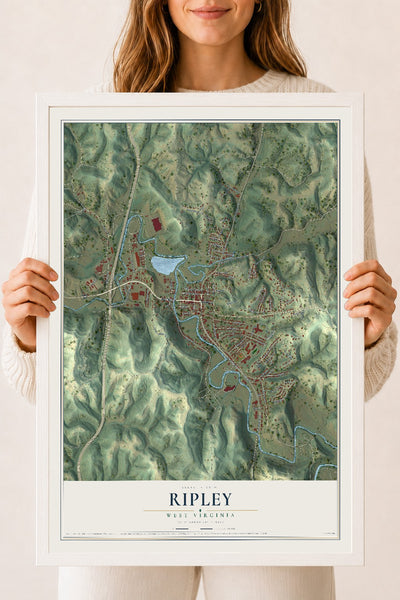 Map of Ripley, West Virginia, 18 x 24 inch print in a white wood frame