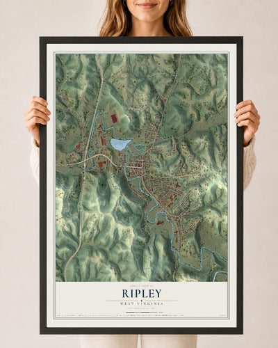 Map of Ripley, West Virginia, 24 x 36 inch print in a black wood frame